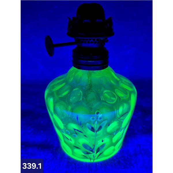 Uranium Glass - Miniature 1890s enamelled oil lamp