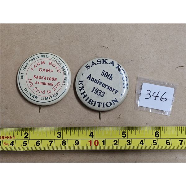2 Pinbacks - Saskatoon 1933 Exhibition 50th Anniversary and 1933 Oliver Machinery