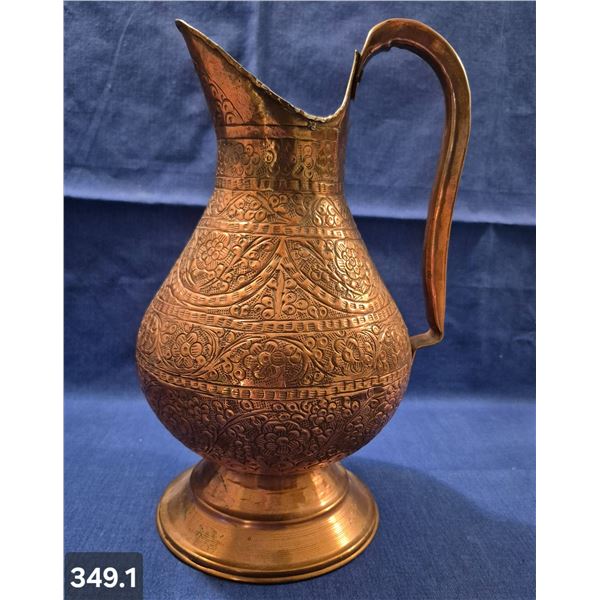 Large hand-chased solid copper pitcher, rivetted, very detailed, 12 1/2 inches tall