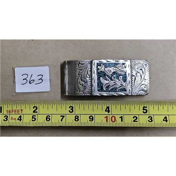Vintage Mexico money clip - Alpaca, inlaid torquoise