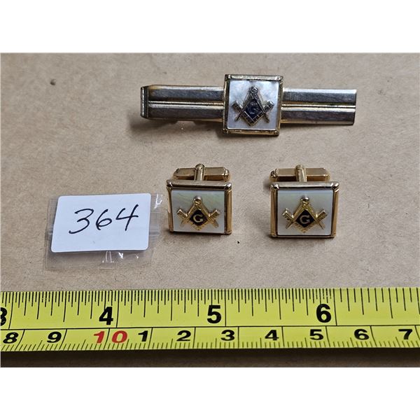 3 Men's Masonic (Mason) pieces - cufflinks, tie clip, mother-of-pearl