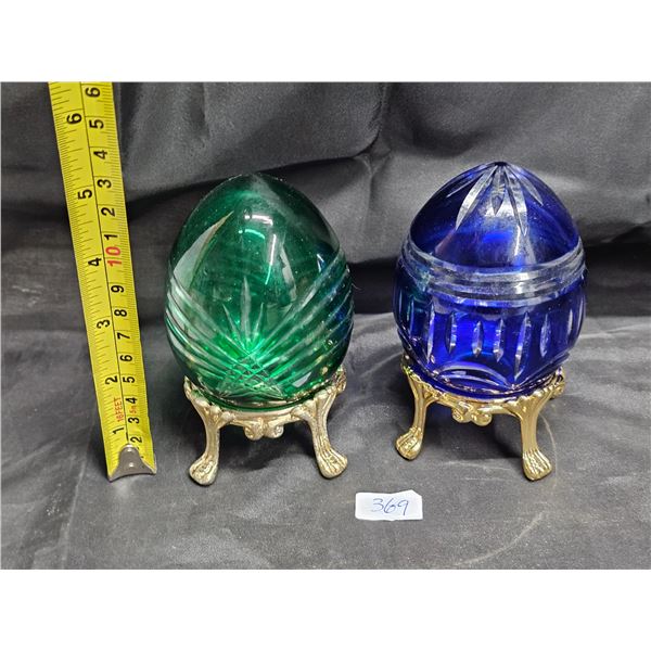 Pair #1 of Bohemian cut glass eggs on 24k gold-plated stands