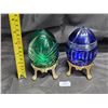Image 1 : Pair #1 of Bohemian cut glass eggs on 24k gold-plated stands