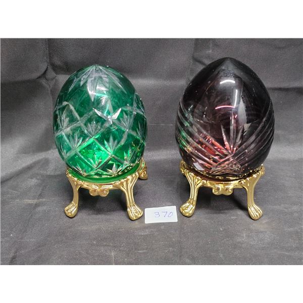 Pair #2 of Bohemian cut glass eggs on 24k gold-plated stands