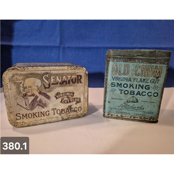 2 Tobacco Tins - Senator Virginia Cut Plug, and Old Chum Smoking Tobacco (tax label for 1923)