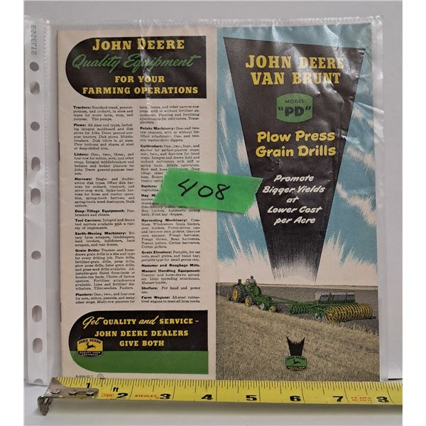 john deere van brunt model "pd" plow press grain drills brochure A-300-52-7 (very good condition)