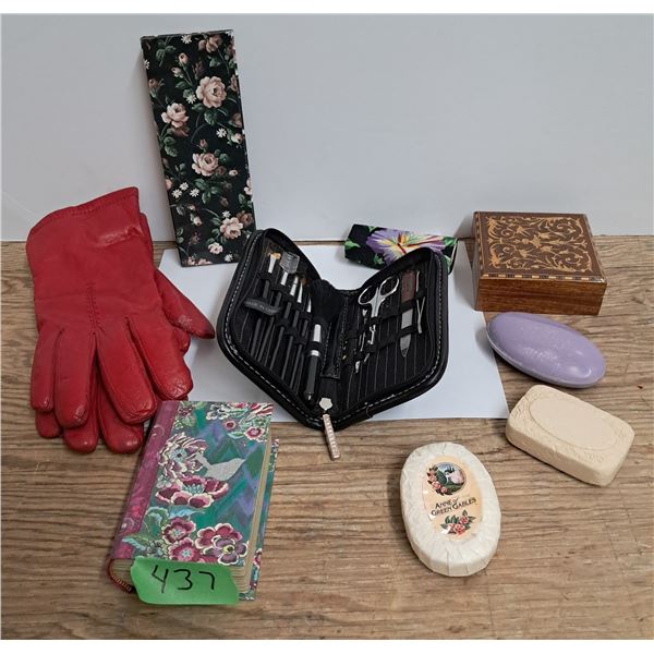 make up kit, wooden box, soaps + gloves