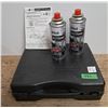 Image 1 : potable gas stove W/ carry case w/ (2 can of gas butane unused) (1) slide clip missing on case