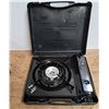 Image 2 : potable gas stove W/ carry case w/ (2 can of gas butane unused) (1) slide clip missing on case