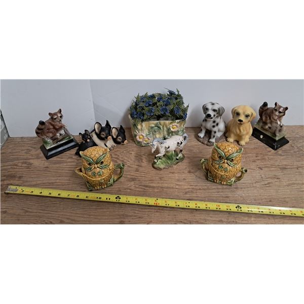 large owl salt + pepper shakers plus figures, dogs, pigs, horses