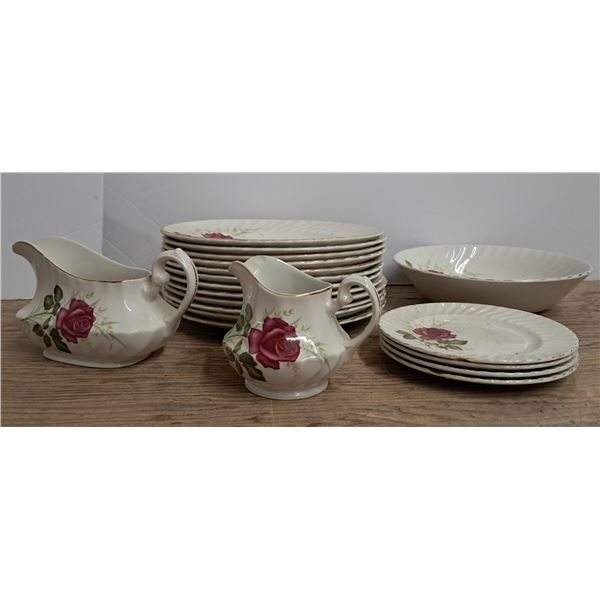 19 piece ridgeway ironstone anniversary rose gray creamer large plates (some chips)