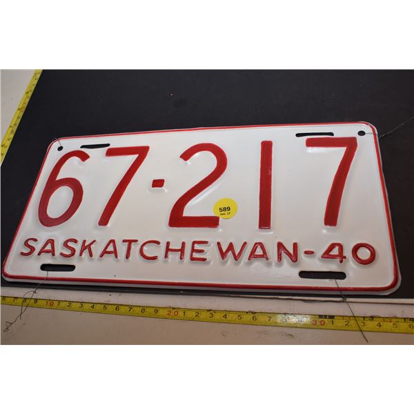 1940 Saskatchewan Truck Licence Plate - Repaint