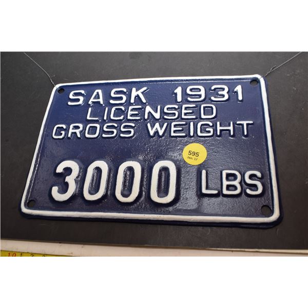 1931 Saskatchewan Trailer Licence Plate - Repaint