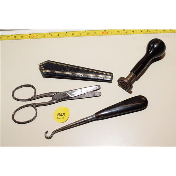 Antique Scissors, Buttonhook, Stamp