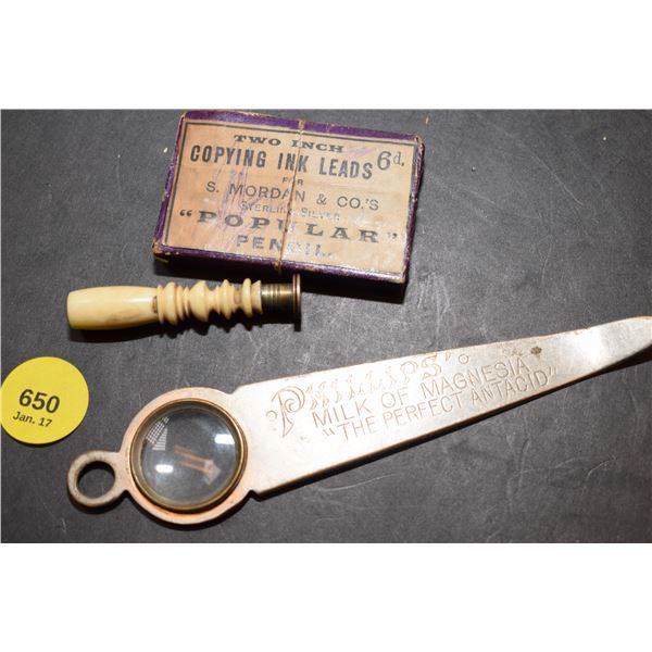 Stamper, Magnifier, “Popular Pencil” Leads