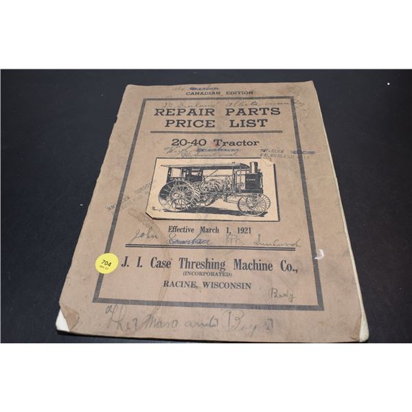 1922 Case 20-40 Tractor Parts List