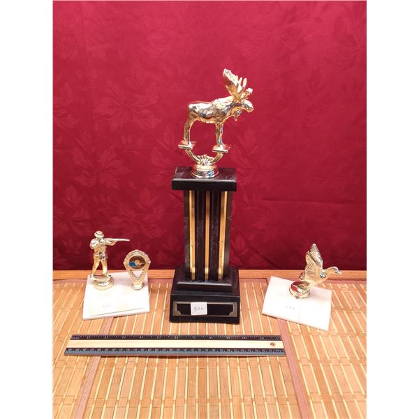 Vintage metal Hunting Trophy Toppers: Moose, Duck, Rifleman & Column  - Lot of vintage gold-tone tro