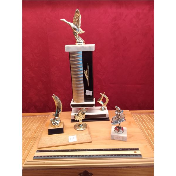 Lot # 828-Vintage Trophy Toppers: Flying Goose, Jumping Fish, Bicycle - Assortment of vintage gold/s