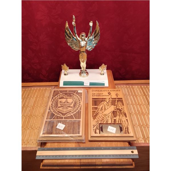 Vintage Victory Trophy Topper & Graduation Plaques Set  - Lot includes gold winged victory figure on