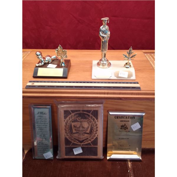 Vintage Graduation Trophy Toppers & Award Plaques Collection Lot features silver graduate figure wit