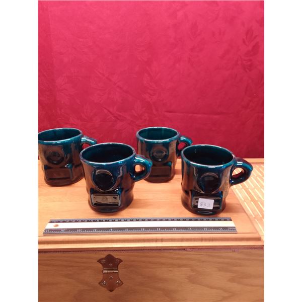 Set of 4 Vintage Dark Blue Ceramic Mugs  - Four matching vintage dark blue glazed ceramic mugs with 
