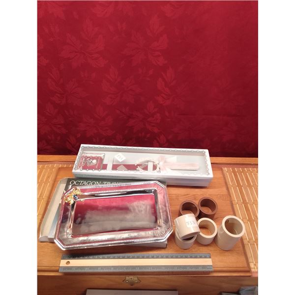 Elegant Silver Knife Set, Server & Napkin Rings Collection- Two fine knives in presentation box, a s