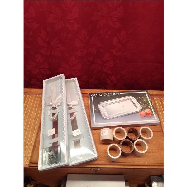 Elegant Silver Knife Set, Server & Napkin Rings Collection- Two fine knives in presentation box, a s