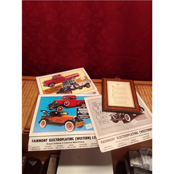 Vintage Car Calendars Collection with Framed Poem Plaque Four vintage calendars: 1981 Album of Antiq