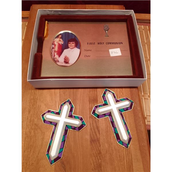 Vintage First Holy Communion Frame & Two Decorative Crosses- Framed First Holy Communion certificate