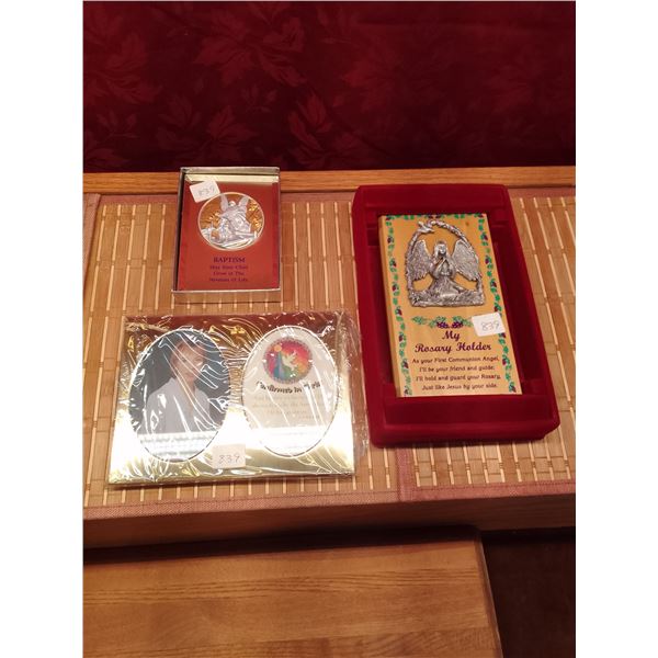 Religious Keepsakes: Baptism, Confirmation & Rosary Holder- Three framed Catholic mementos: Baptism 