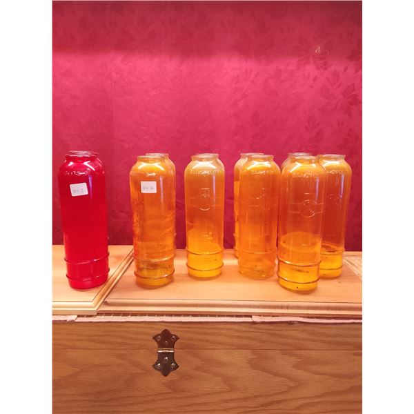 Collection of 12 Sanctuary Lamp Glasses used. - Nine amber glass sanctuary lamp reservoirs and three