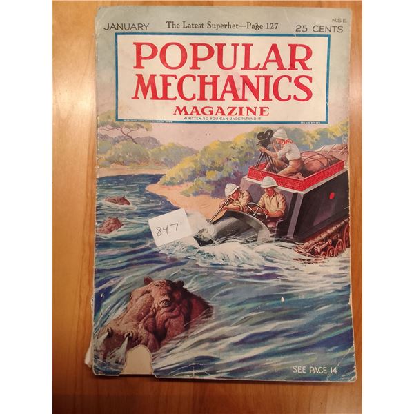 Popular Mechanics Jan 1926: African Safari Adventure with Hippo Charge Cover- This January 1926 issu