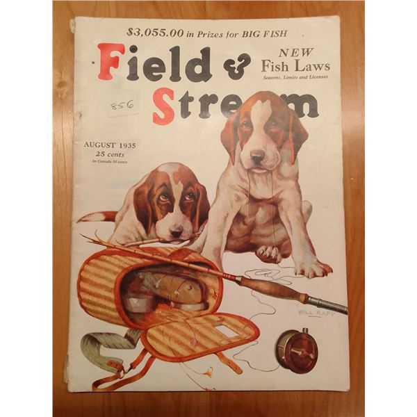 Lot # 856 - Field & Stream Aug 1935: Adorable Beagle Puppies & Fishing Gear Cover by Will Rapp- This