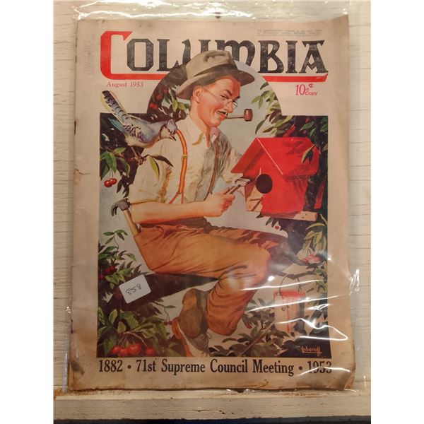 1953 Knights of Columbus "Columbia" Cover: Man Painting Red Birdhouse Among Cherries- Columbia is th