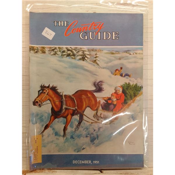 1951 Country Guide Cover: Horse-Drawn Sleigh with Family Hauling Christmas Tree- The Country Guide i