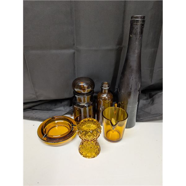 Lot of Amber Glass Items (small Pitcher, bottles, and etc.)