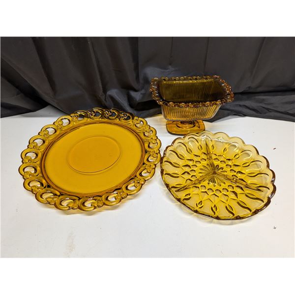 (2) amber Glass Trays (1) Divider w/ Amber Glass Candy Dish Possibly FTDA 1981