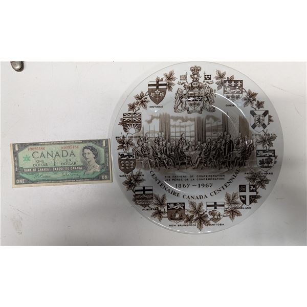 Centenaire Canada Centennial "The Fathers Of Confederation" Plate w/ Canadian One Dollar Bill 909548