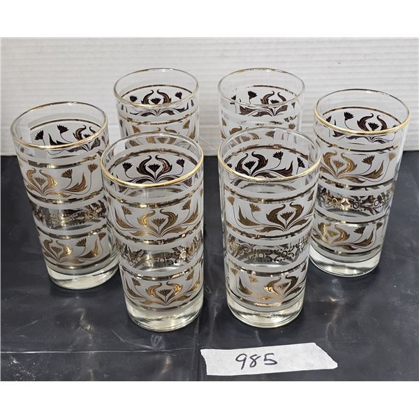 Set of (6) Vintage Highball Glasses.  Gold Floral Frosted Band. Dominion Glass, Canada.