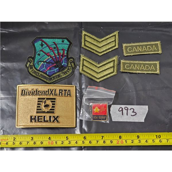 Military Patches, Belt Buckle (possibly brass, cannot confirm), Pin