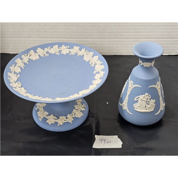 Wedgewood Blue Jasperware Compote Pedestal Dish and 5” Vase