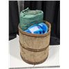 Image 1 : wood barrel with tarp and shower curtain