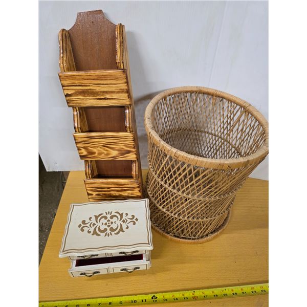 Jewelry box, wicker basket and shelf