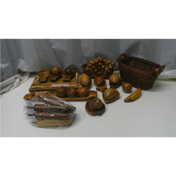 wood fruit ornaments, basket + furniture feet