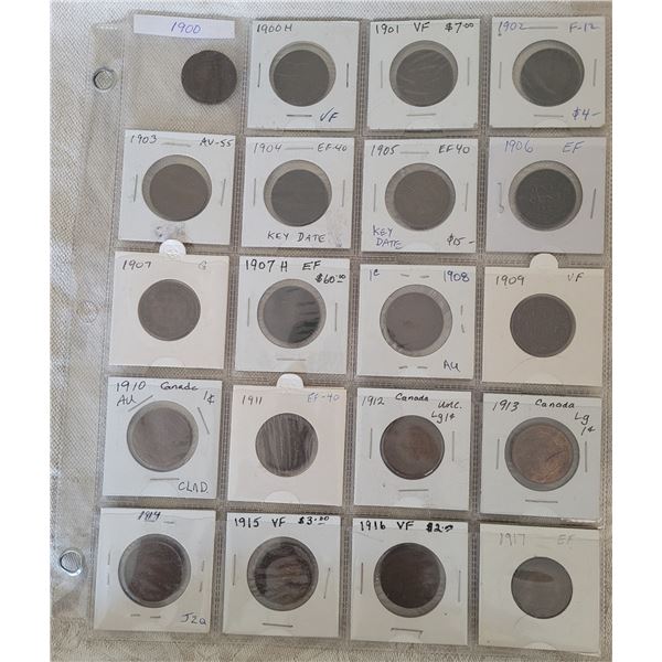 Canadian Large Cents-20 coins From 1900-1917