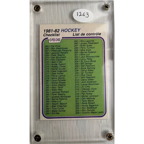 1263- 1981-83 O-Pee-Chee hockey card 381. Unmarked list in glass case. Near mint.