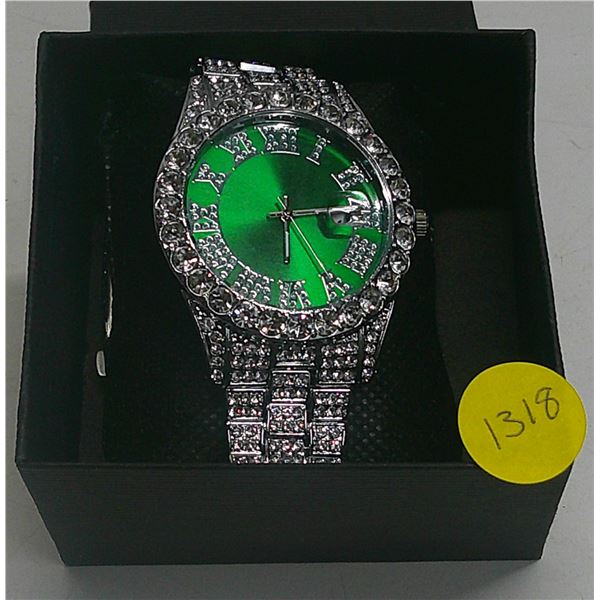 Sparkly Roman numeral green watch