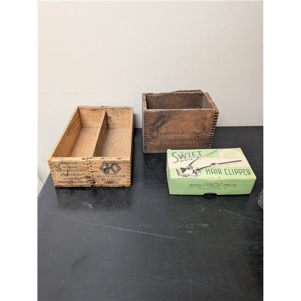 Lot of Vintage Items (wood Vintage Crates and Vintage Clippers w/ original box)