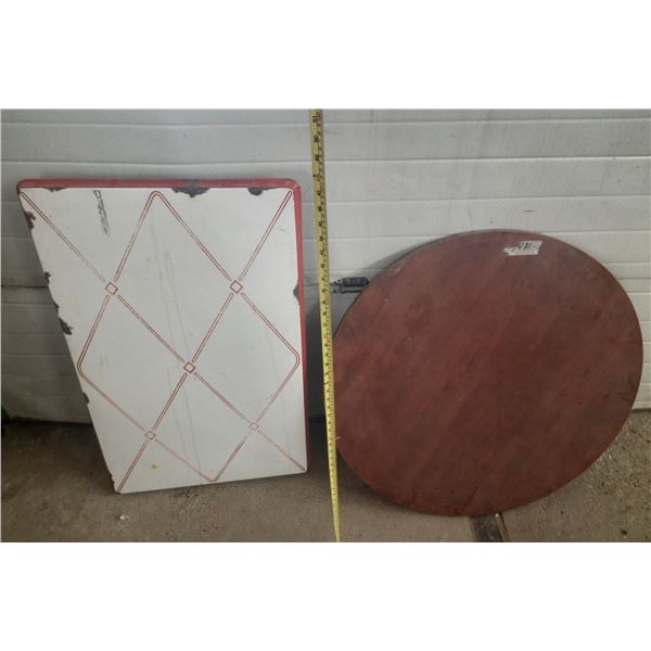 Enamel Table Top Head (40 Inch) and Circular Wood Table Head (36 Inch).