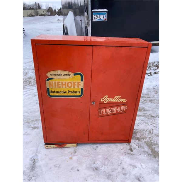 VINTAGE METAL NIEHOFF LOCKING WALL PARTS CABINET - IGNITION TUNE-UP (ORANGE)